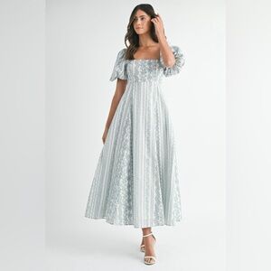 Princess Baby Doll Blue Floral Puff Sleeve Midi Dress (S)| Easter Church Dress